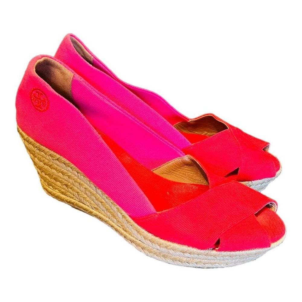 Tory Burch Womens Red Pink Fabric Open Toe Espadrille Wedge Heels Size 9